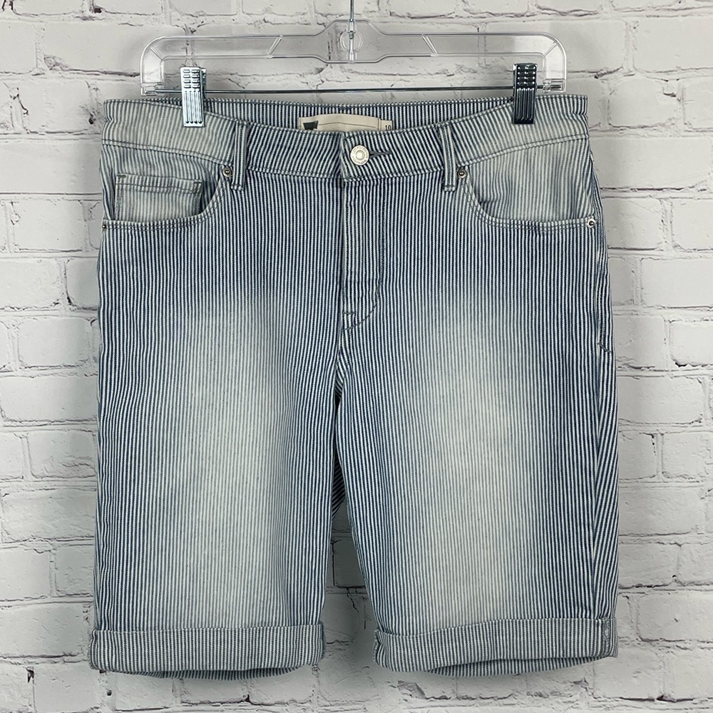 Levis Women's Size 10 Long Shorts Stripe Blue Jean Mid Rise Cuffed Faded